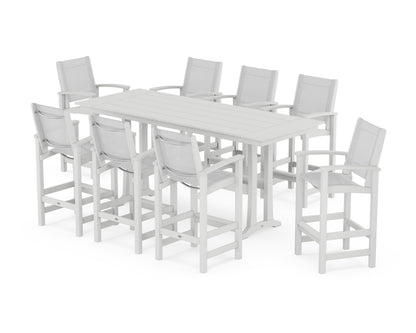 POLYWOOD® Coastal 9-Piece Farmhouse Bar Set with Trestle Legs in White / White Sling