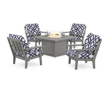 POLYWOOD® Oxford 5-Piece Deep Seating Set with Fire Pit Table in Slate Grey / Trellis Navy