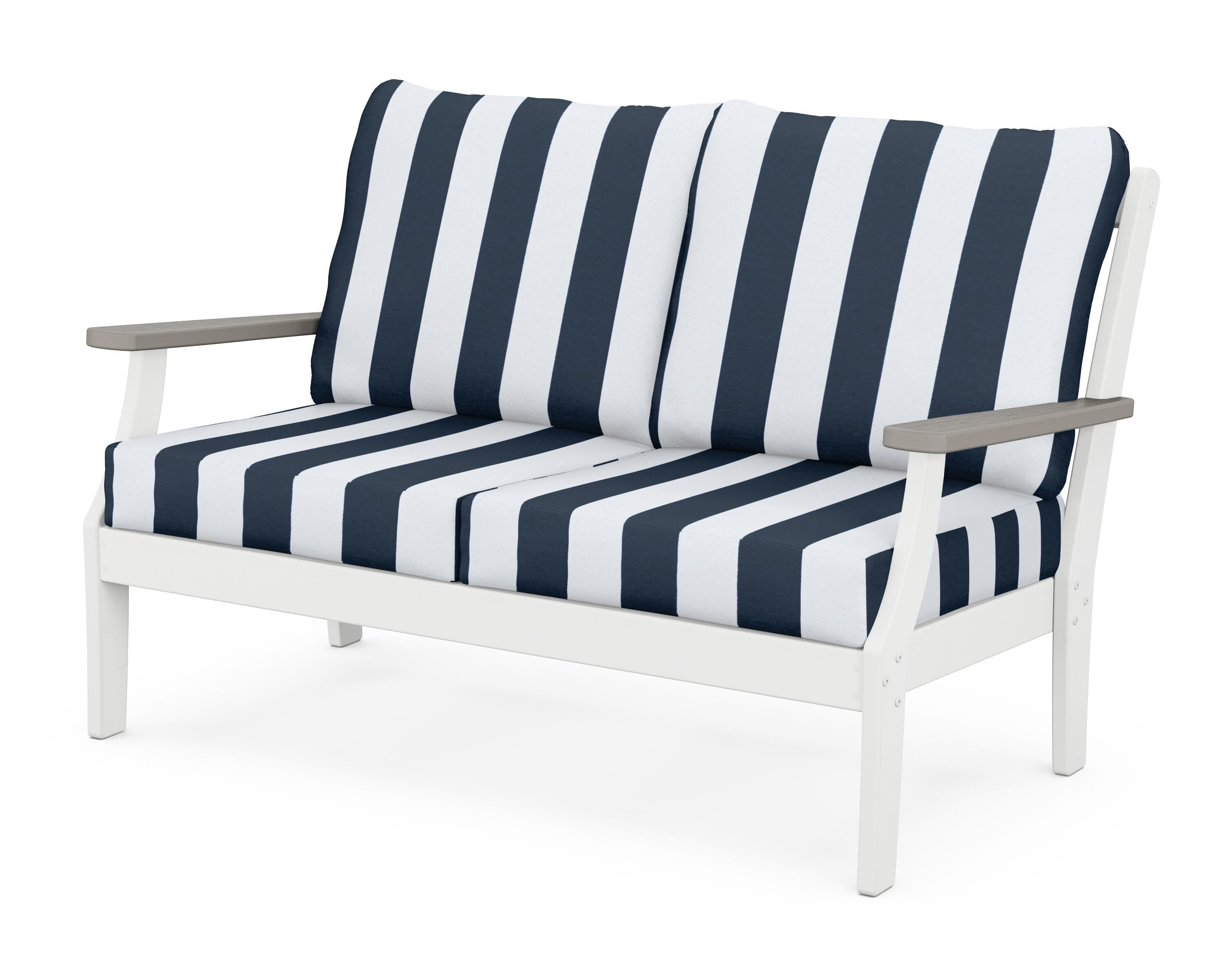 POLYWOOD® Braxton Deep Seating Loveseat in White / Driftwood / Cabana Stripe Marine Indigo