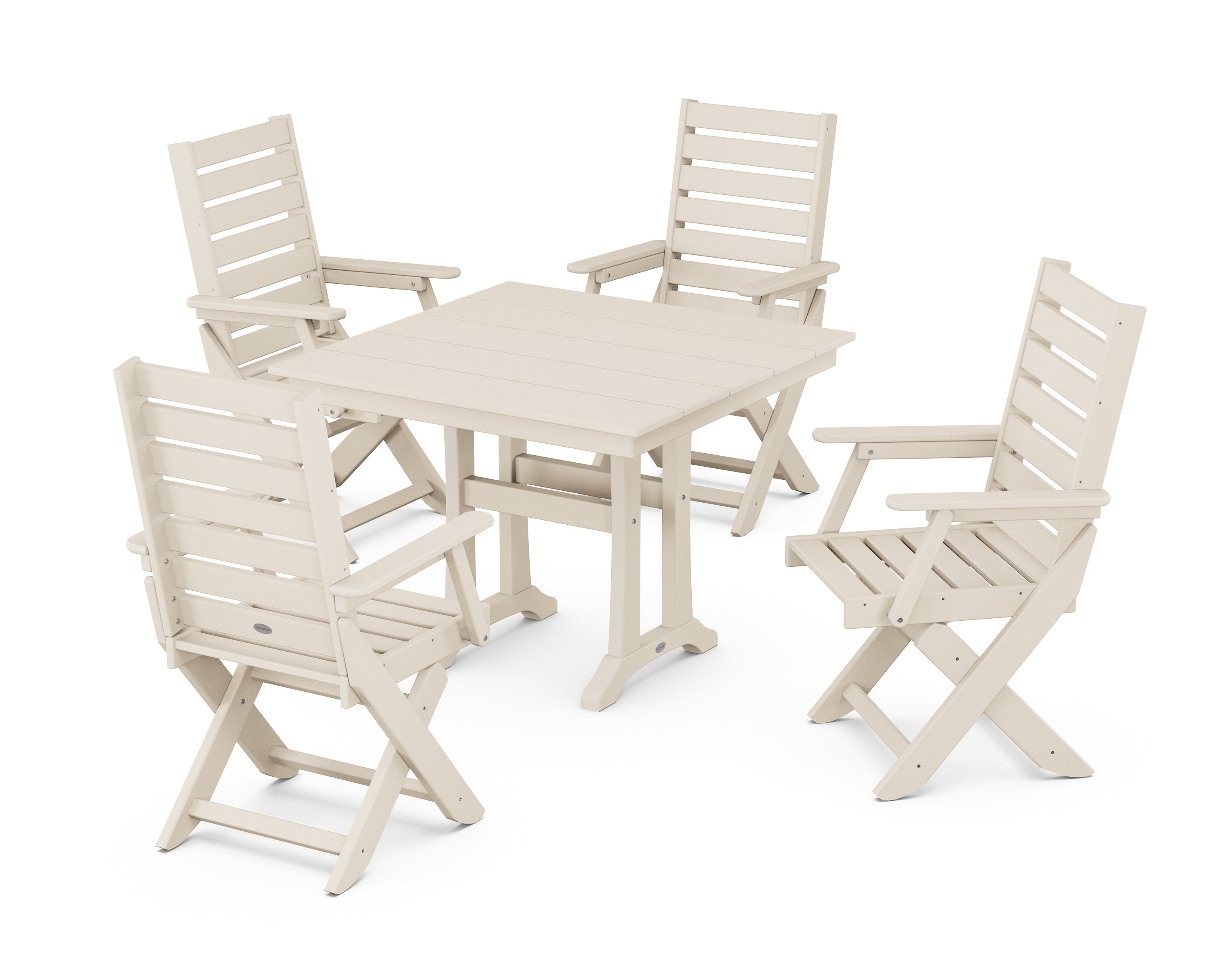 POLYWOOD® Captain Folding Chair 5-Piece Farmhouse Dining Set With Trestle Legs in Sand