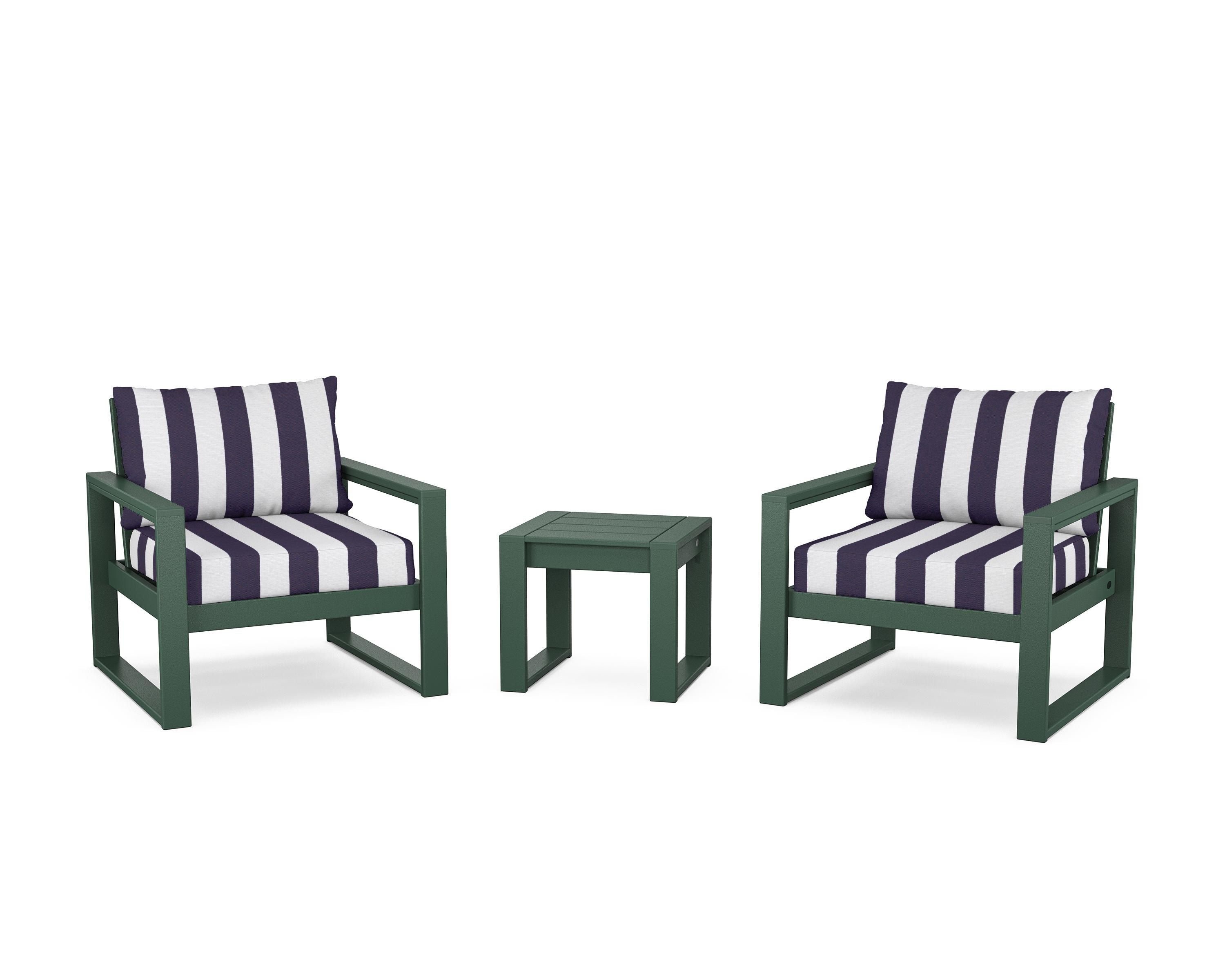 POLYWOOD® EDGE Sectional 3-Piece Deep Seating Set in Green / Cabana Stripe Navy