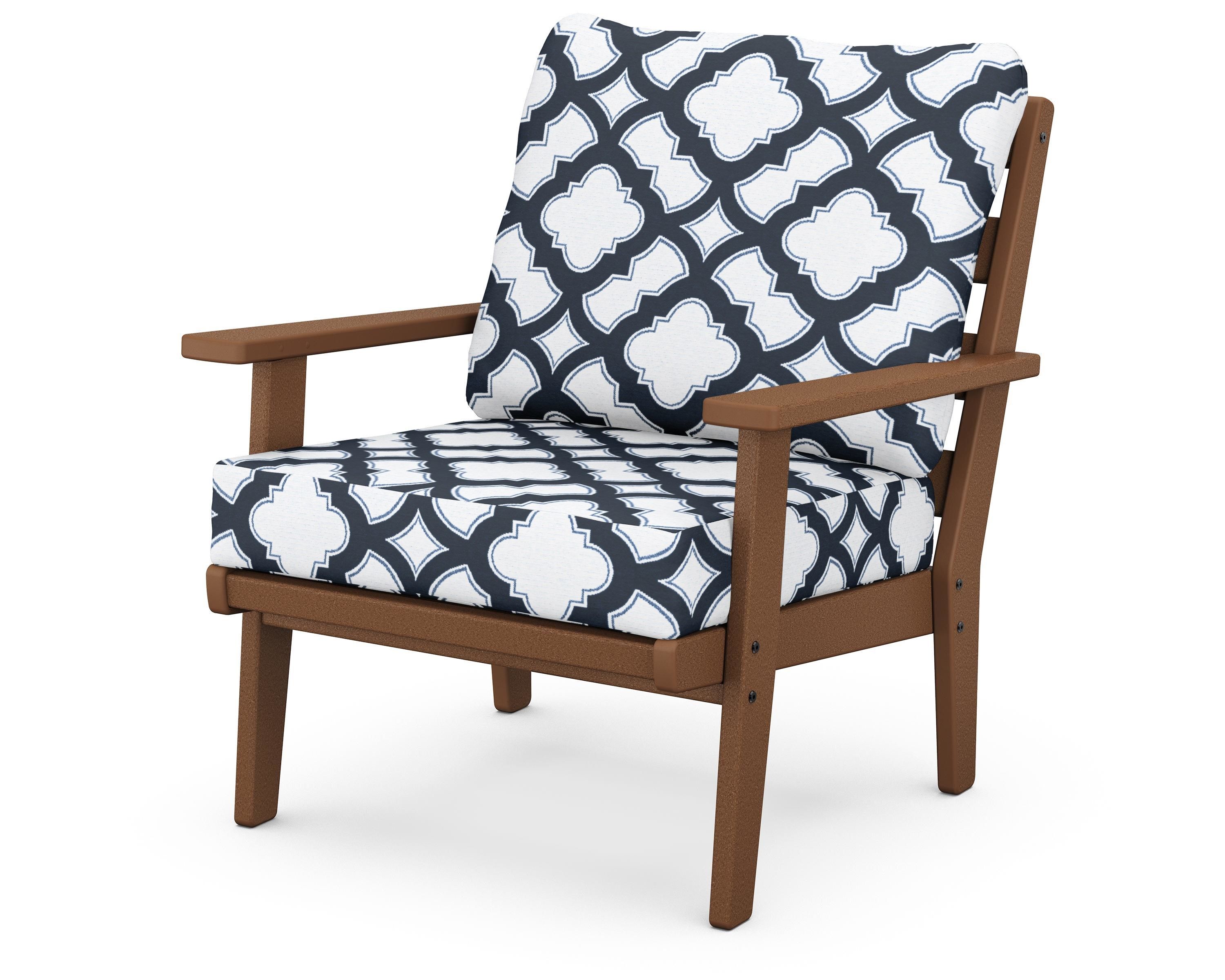 POLYWOOD® Grant Park Deep Seating Chair in Teak / Trellis Marine Indigo