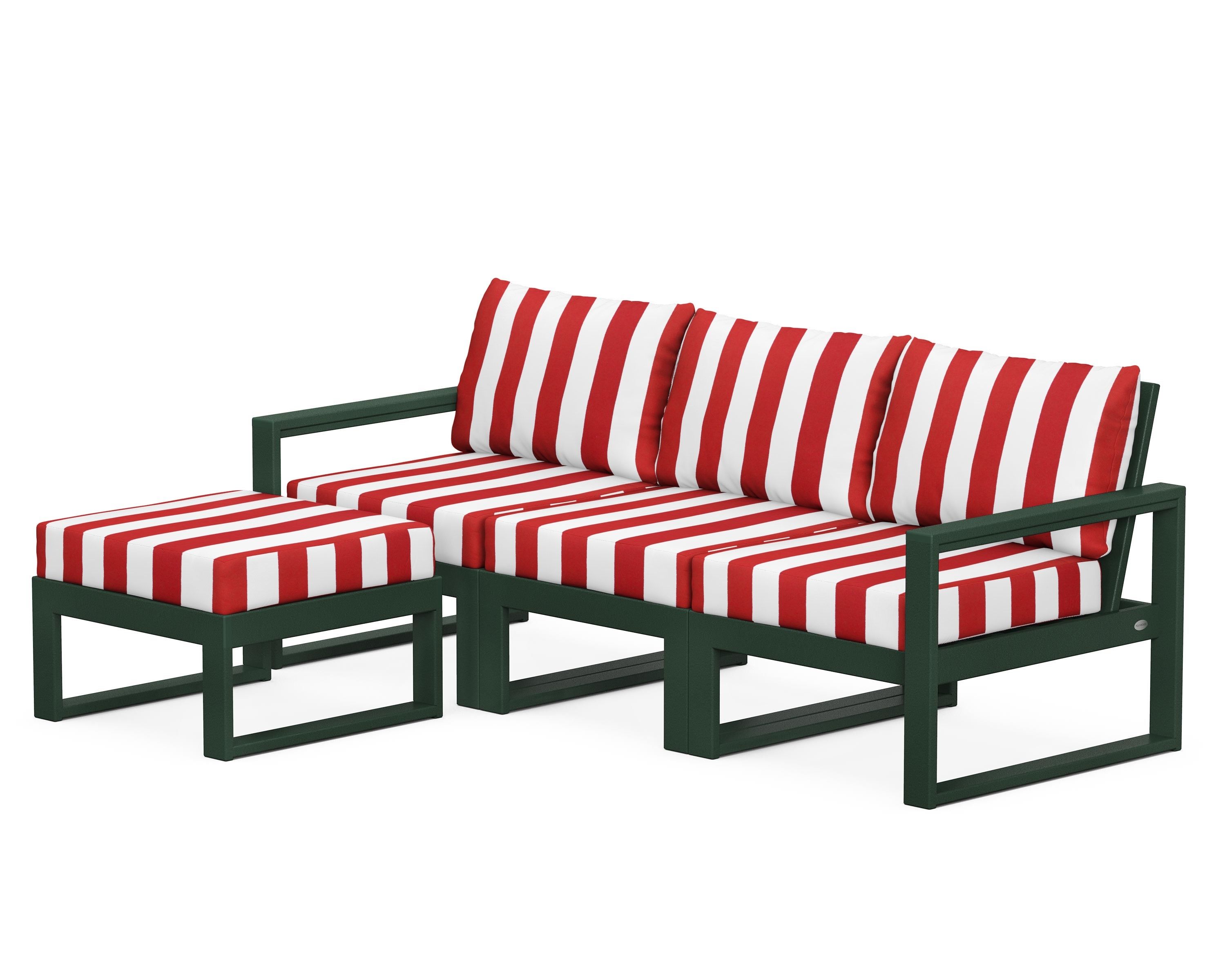 POLYWOOD® EDGE 4-Piece Modular Deep Seating Set with Ottoman in Green / Cabana Stripe Crimson