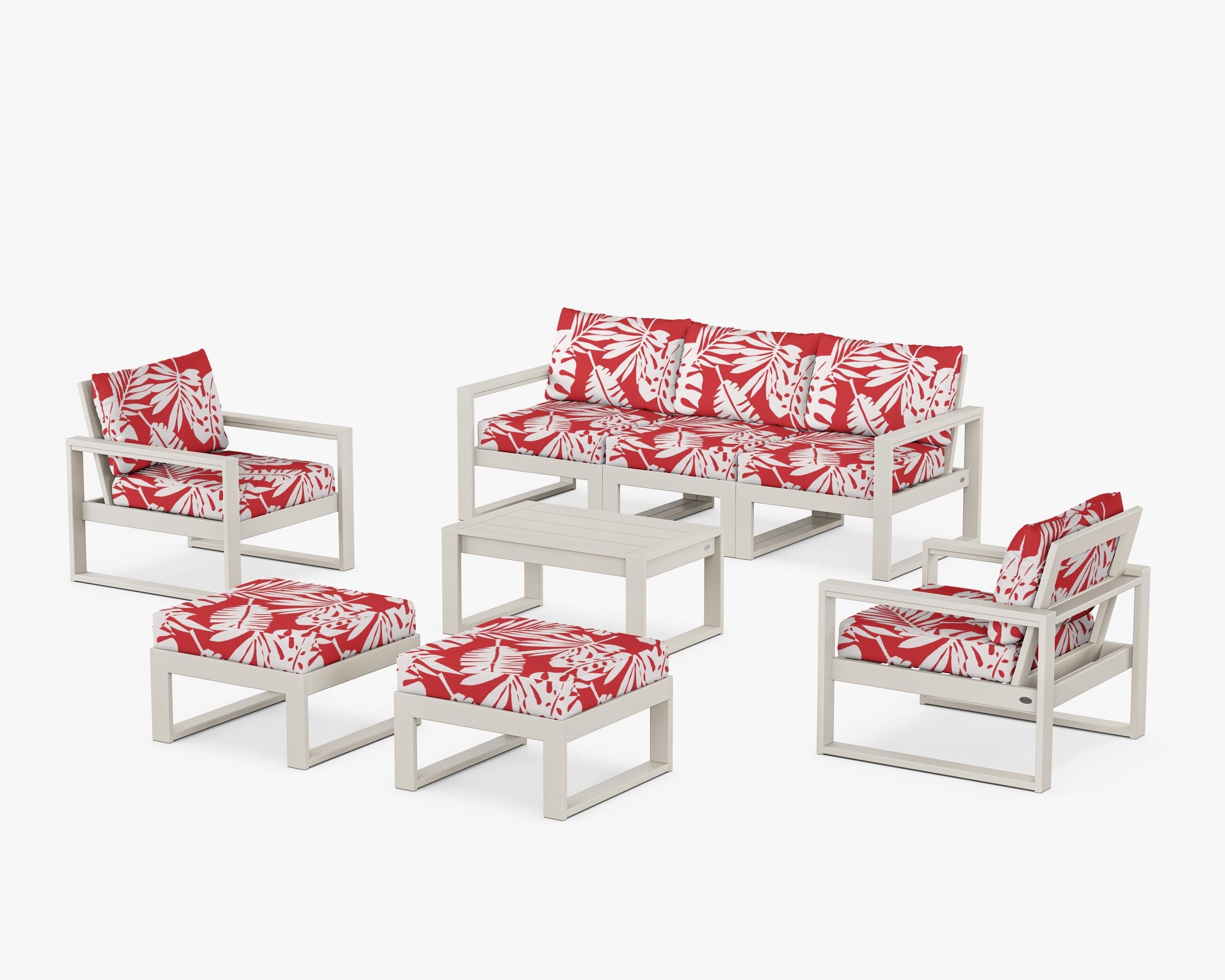 POLYWOOD® EDGE Sectional 8-Piece Lounge Sofa Set in Sand / Leaf Crimson
