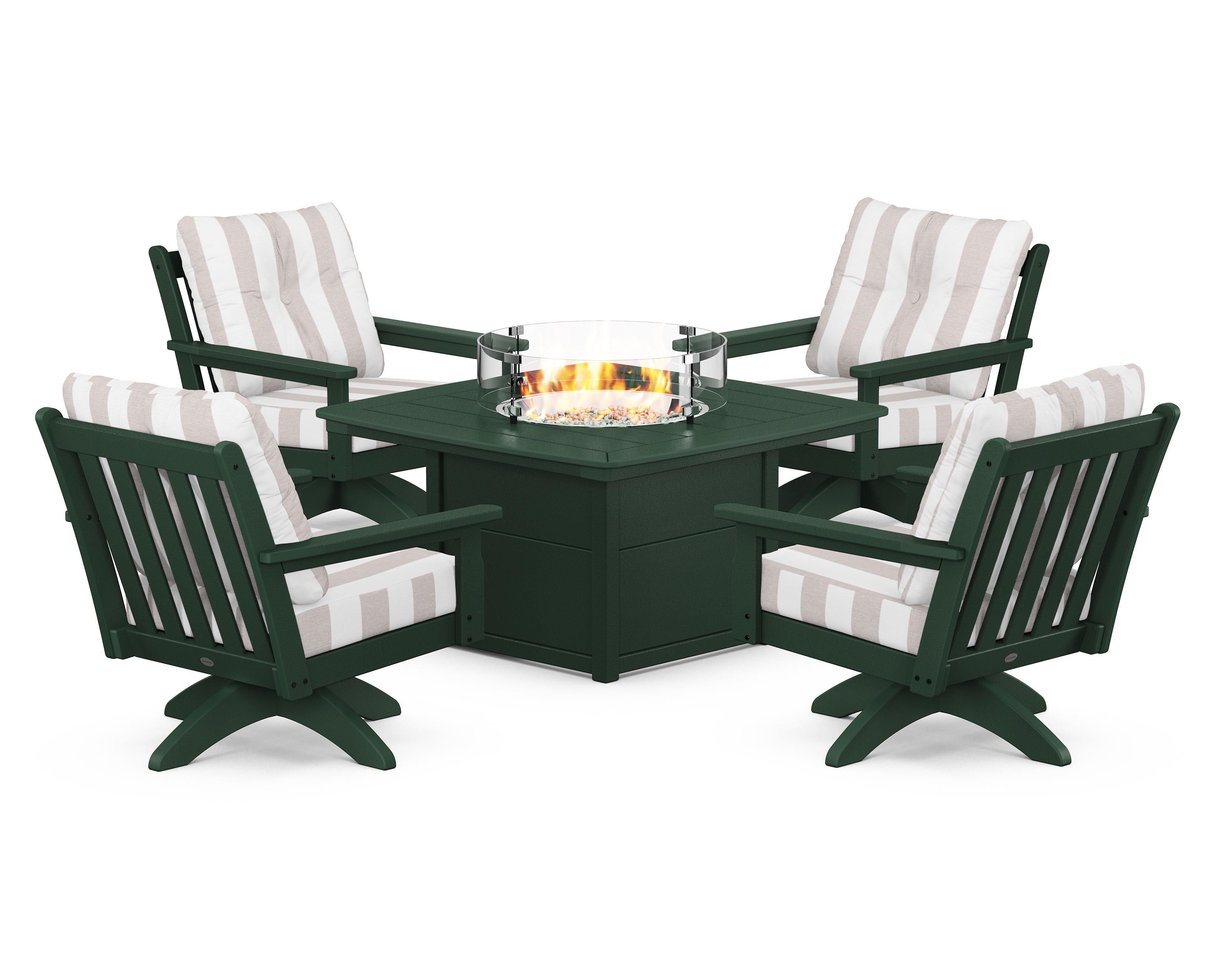 POLYWOOD® Vineyard 5-Piece Deep Seating Swivel Conversation Set with Fire Pit Table in Green / Cabana Stripe Dune Burlap
