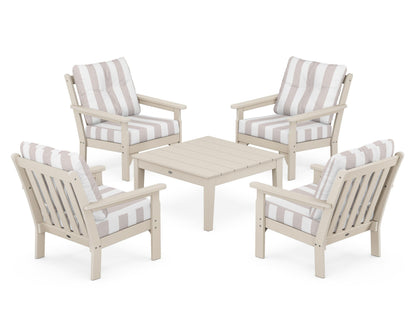 POLYWOOD® Vineyard 5-Piece Deep Seating Conversation Set in Sand / Cabana Stripe Dune Burlap