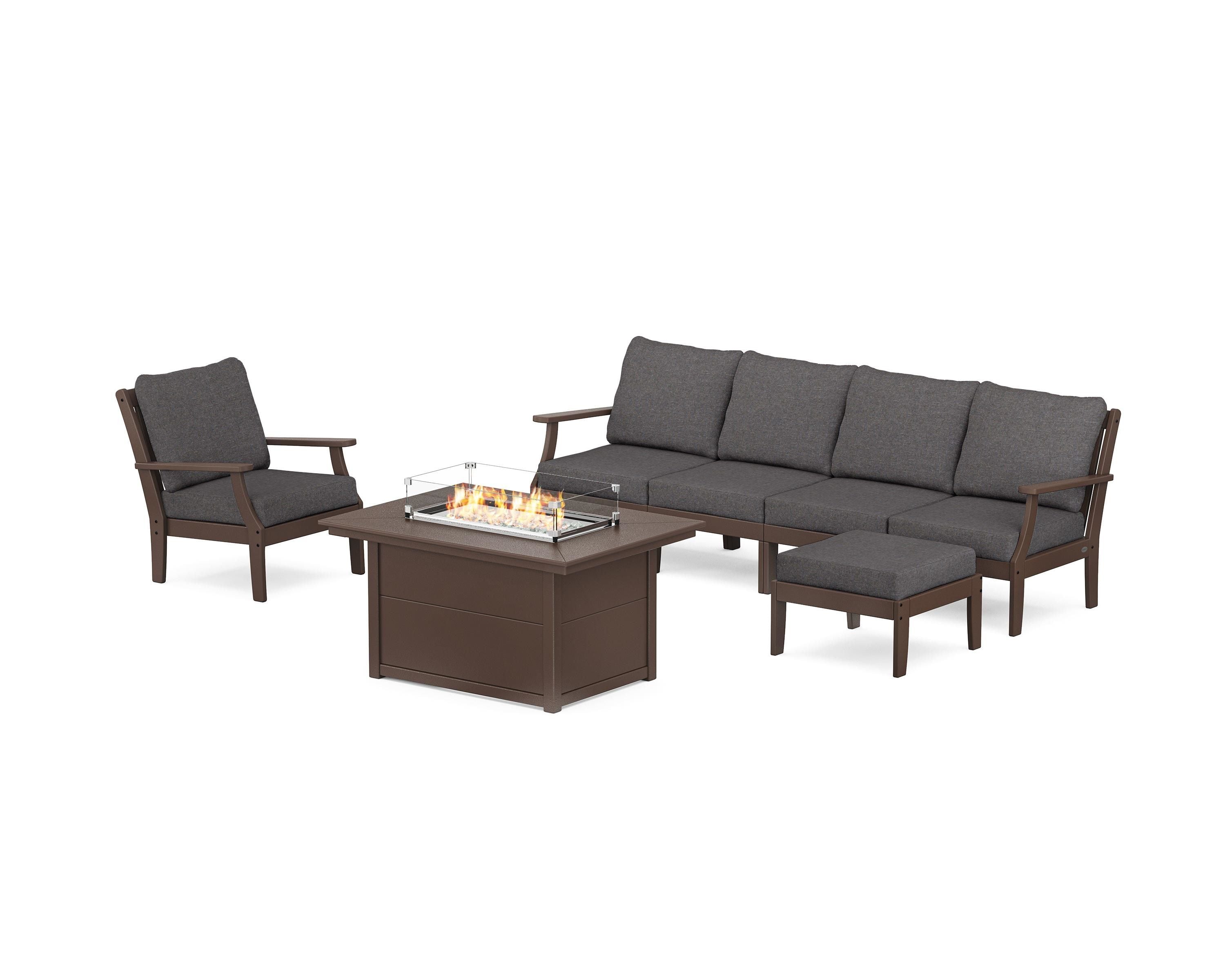 POLYWOOD® Braxton Sectional Lounge and Fire Pit Set in Mahogany / Ash Charcoal