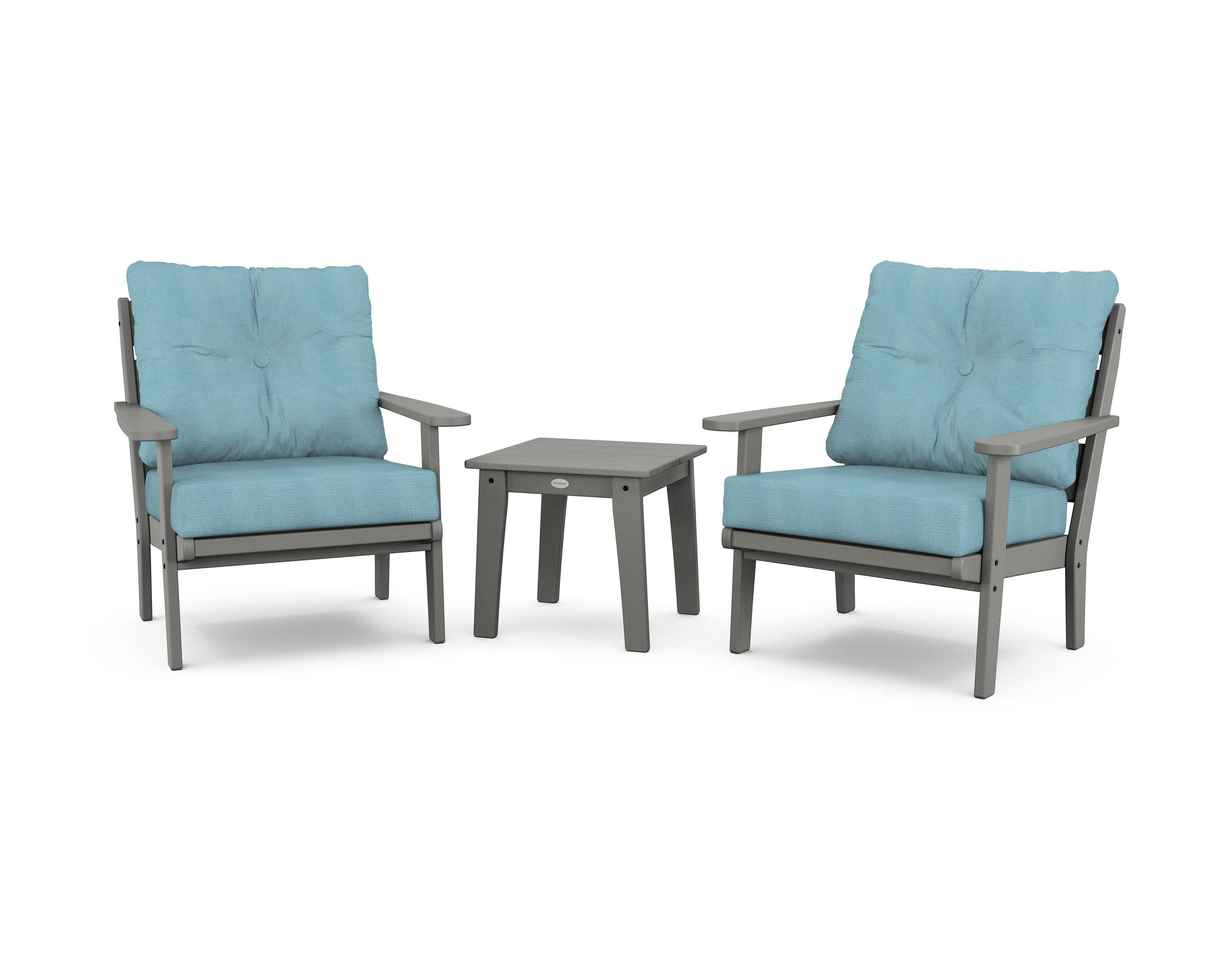 POLYWOOD® Lakeside 3-Piece Deep Seating Chair Set in Slate Grey / Lattice Sky Blue