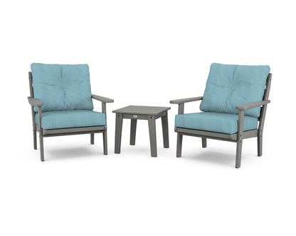 POLYWOOD® Lakeside 3-Piece Deep Seating Chair Set in Slate Grey / Lattice Sky Blue