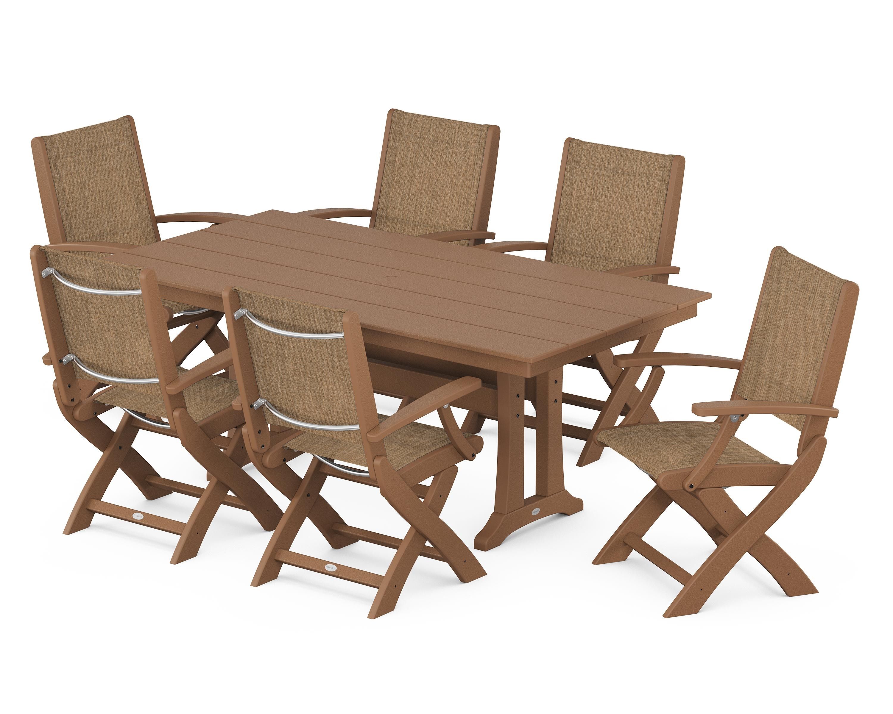 POLYWOOD® Coastal Folding Arm Chair 7-Piece Farmhouse Dining Set with Trestle Legs in Teak / Burlap Sling