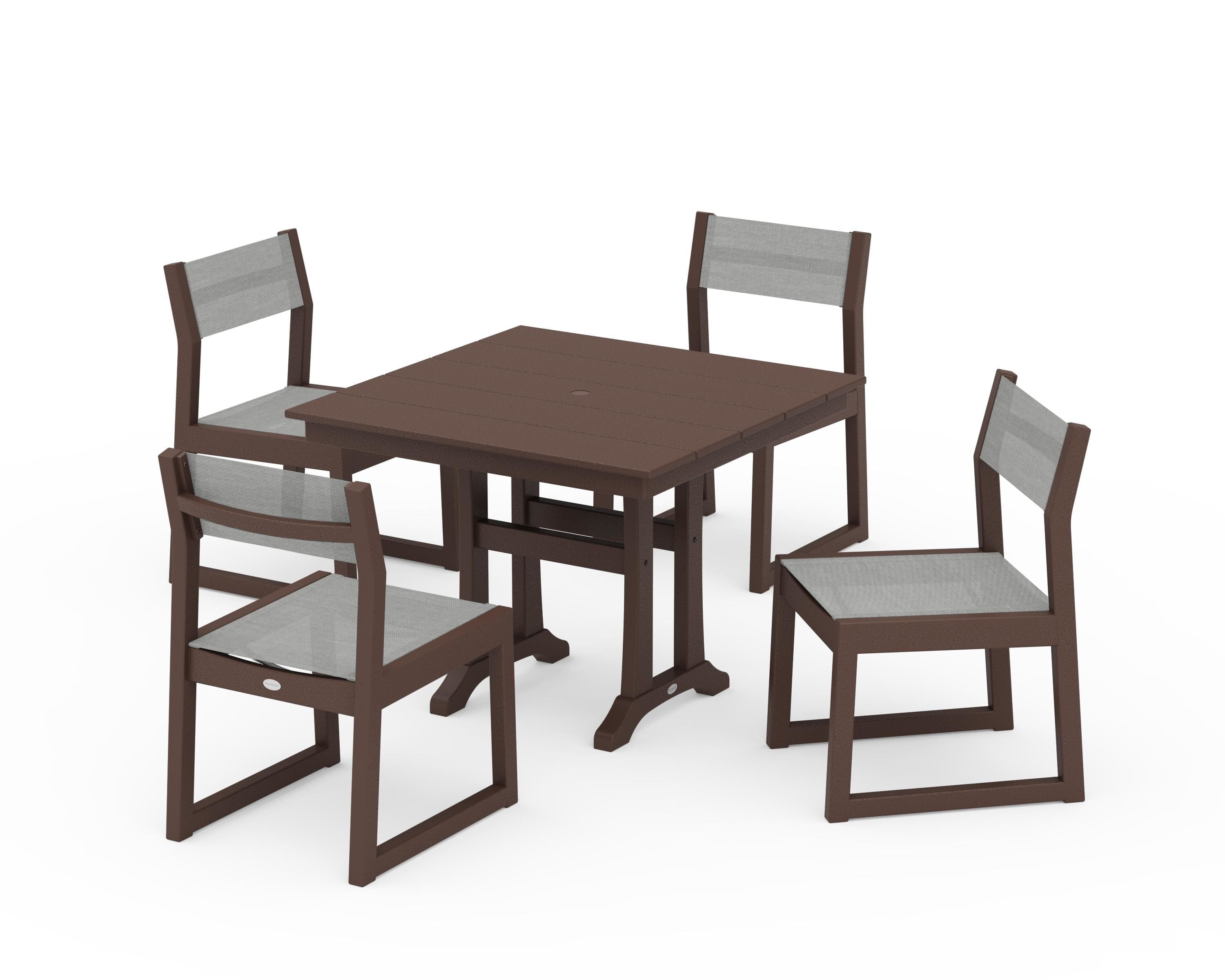 POLYWOOD® EDGE Sling 5-Piece Farmhouse Trestle Side Chair Dining Set in Mahogany / Metallic Sling