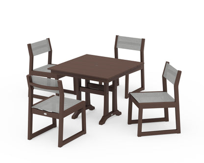 POLYWOOD® EDGE Sling 5-Piece Farmhouse Trestle Side Chair Dining Set in Mahogany / Metallic Sling