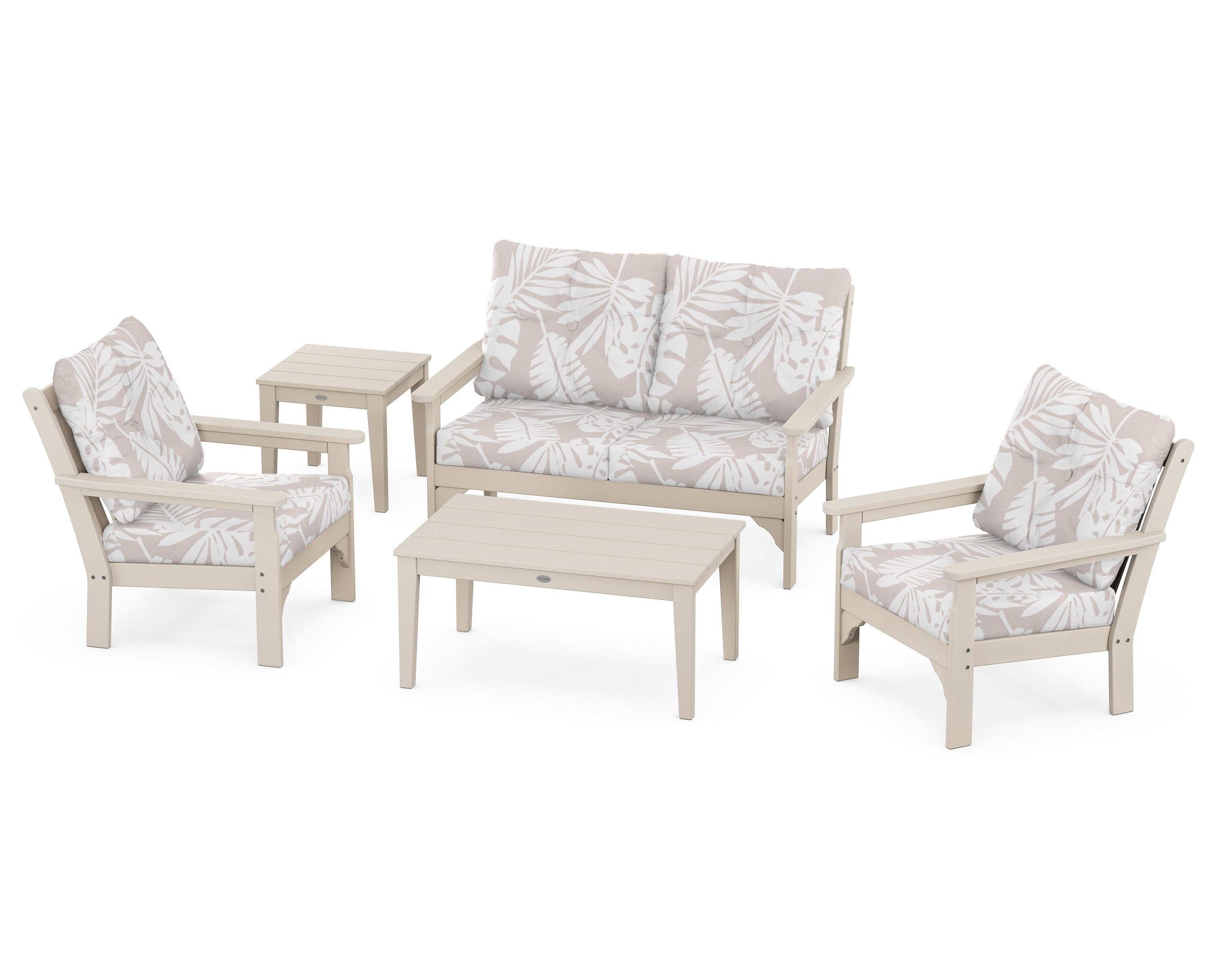 POLYWOOD® Vineyard 5-Piece Deep Seating Set in Sand / Leaf Dune Burlap