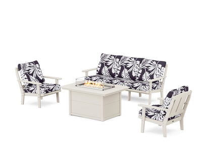 POLYWOOD® Mission Deep Seating Fire Pit Table Set in Sand / Leaf Navy