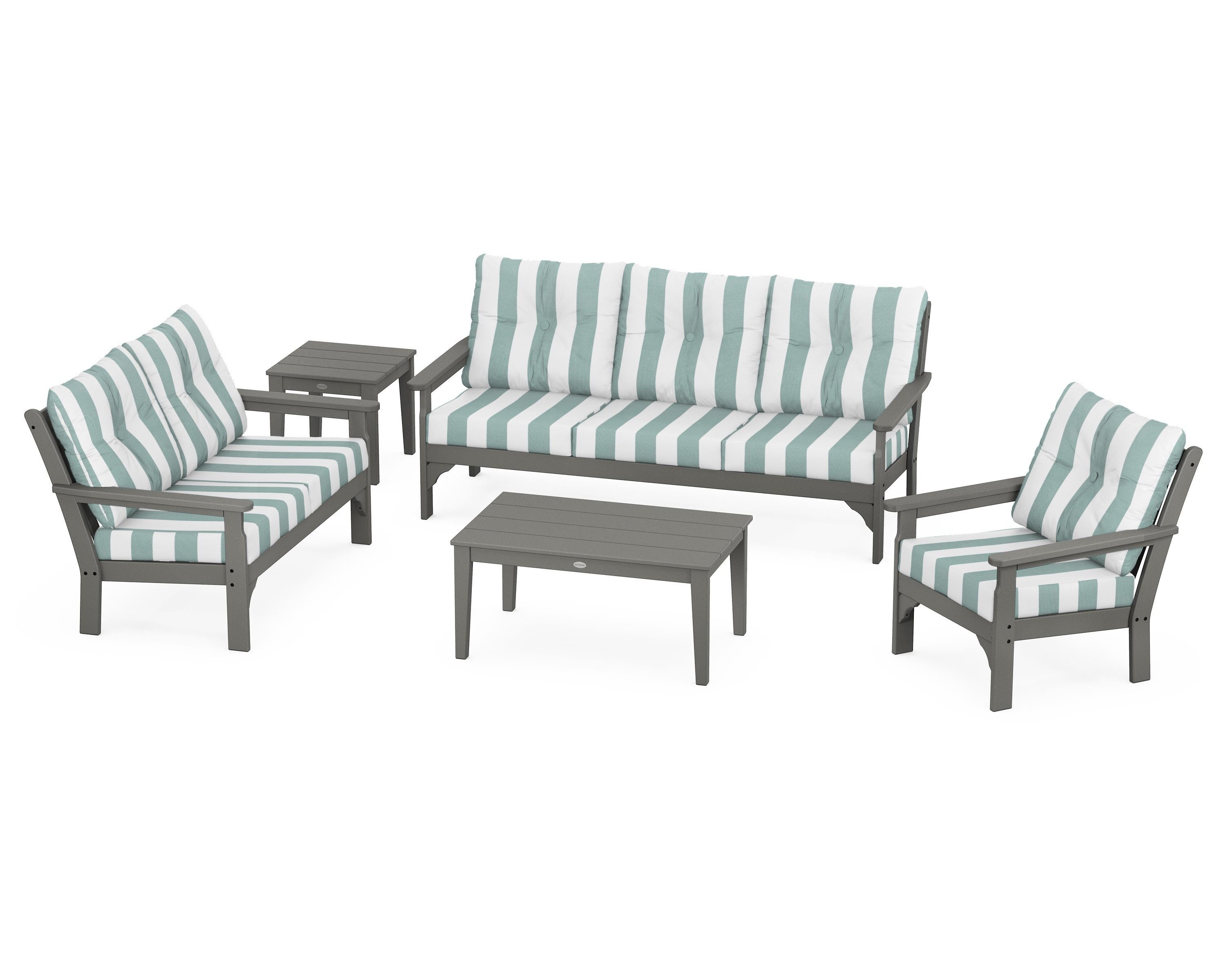 POLYWOOD® Vineyard 5 Piece Deep Seating Set in Slate Grey / Cabana Stripe Glacier Spa
