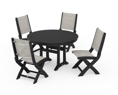 POLYWOOD® Coastal Folding Side Chair 5-Piece Round Dining Set With Trestle Legs in Black / Birch Sling