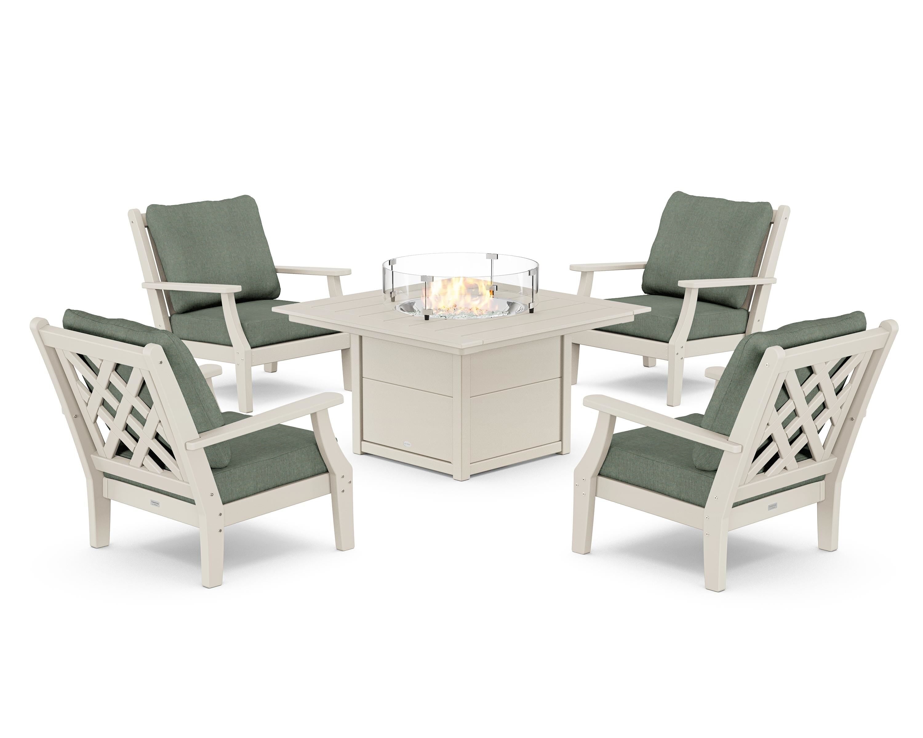 Country Living Wovendale 5-Piece Deep Seating Set with Fire Pit Table in Sand / Cast Sage