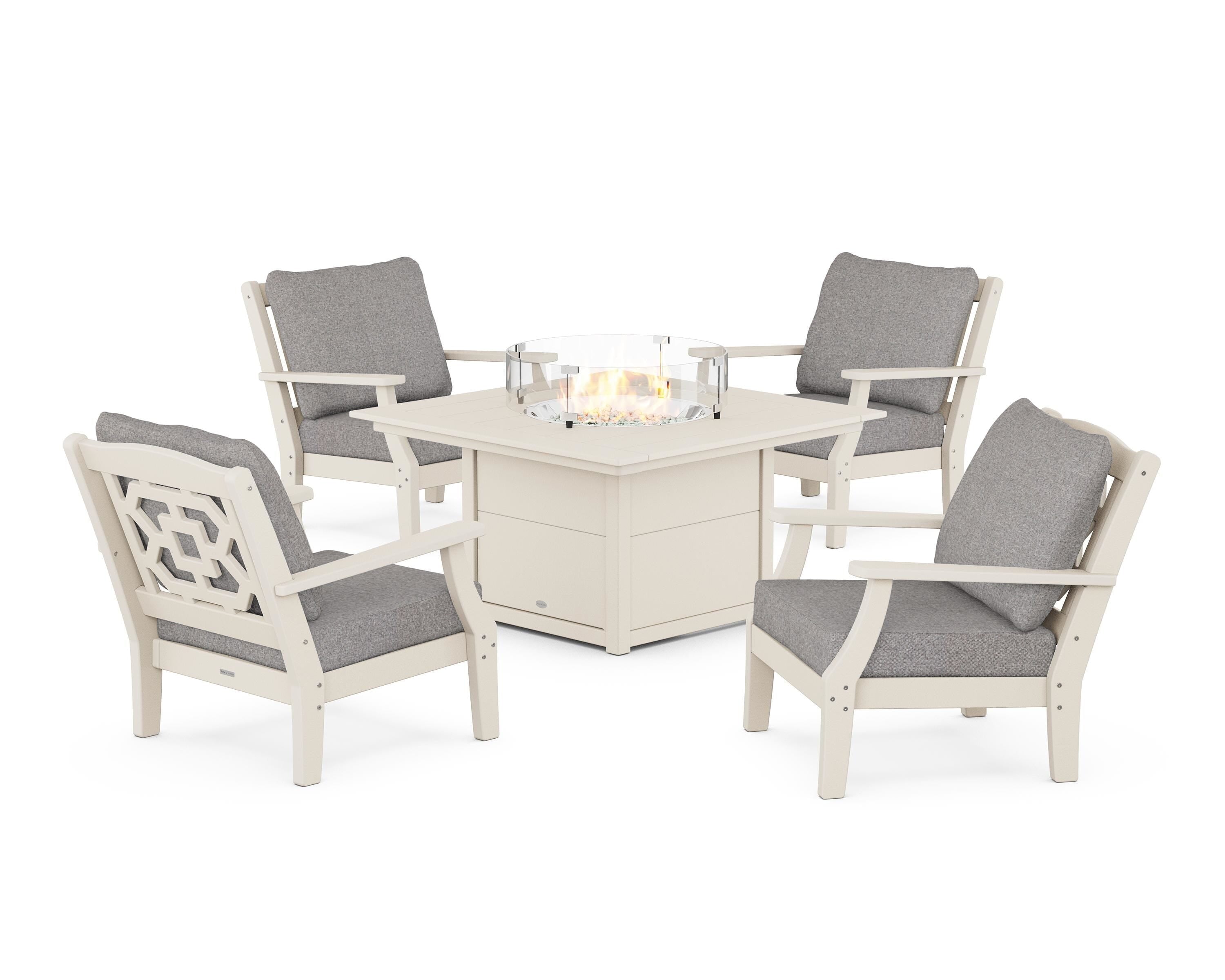 Martha Stewart by POLYWOOD® Chinoiserie 5-Piece Deep Seating Set with Fire Pit Table in Sand / Grey Mist