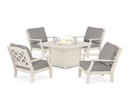 Martha Stewart by POLYWOOD® Chinoiserie 5-Piece Deep Seating Set with Fire Pit Table in Sand / Grey Mist
