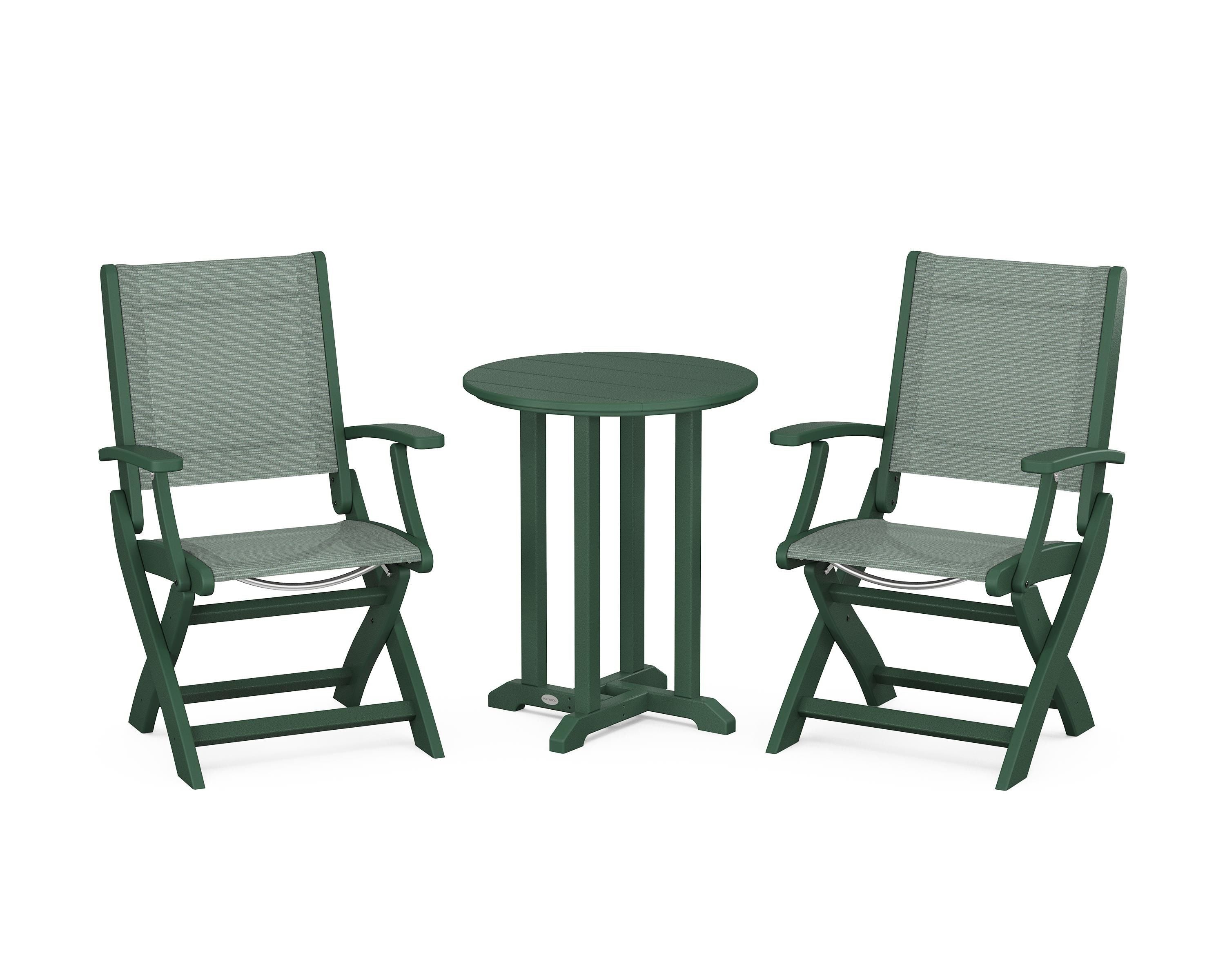 POLYWOOD® Coastal Folding 3-Piece Round Bistro Dining Set in Green / Dupioni Sea Mist Sling
