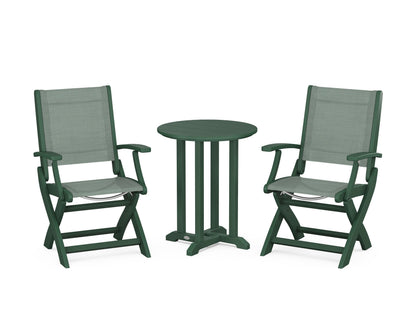 POLYWOOD® Coastal Folding 3-Piece Round Bistro Dining Set in Green / Dupioni Sea Mist Sling