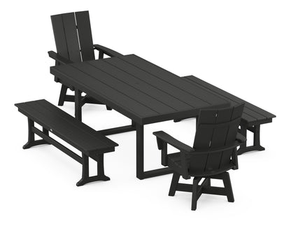POLYWOOD® Modern Adirondack Swivel Chair 5-Piece Dining Set with Benches in Black