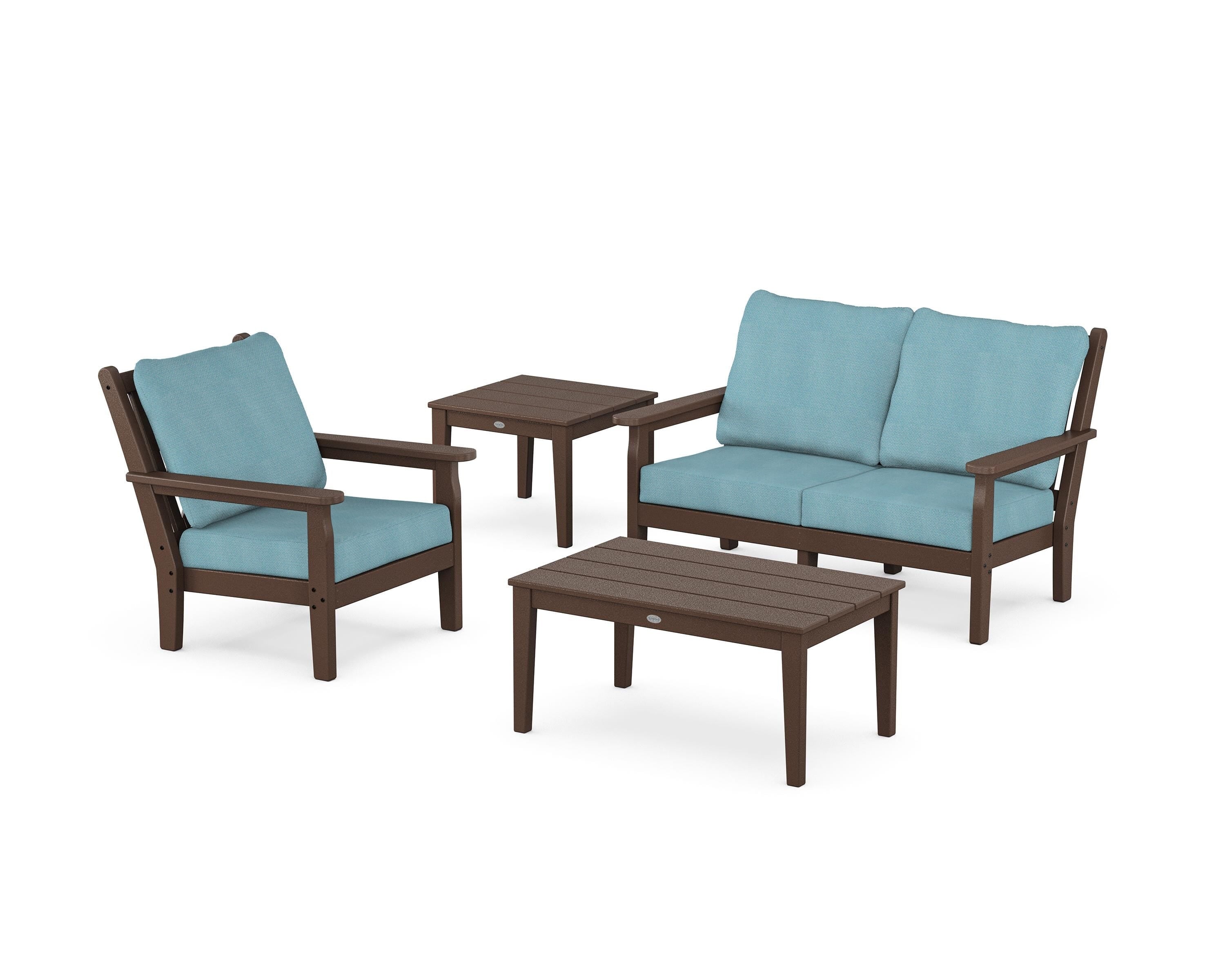 POLYWOOD® Chippendale 4-Piece Deep Seating Set in Mahogany / Lattice Sky Blue