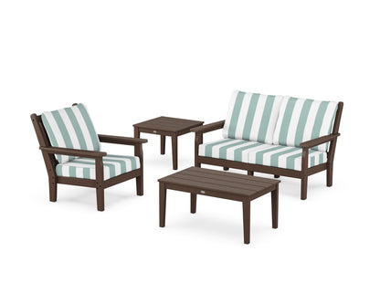 POLYWOOD® Chippendale 4-Piece Deep Seating Set in Mahogany / Cabana Stripe Glacier Spa