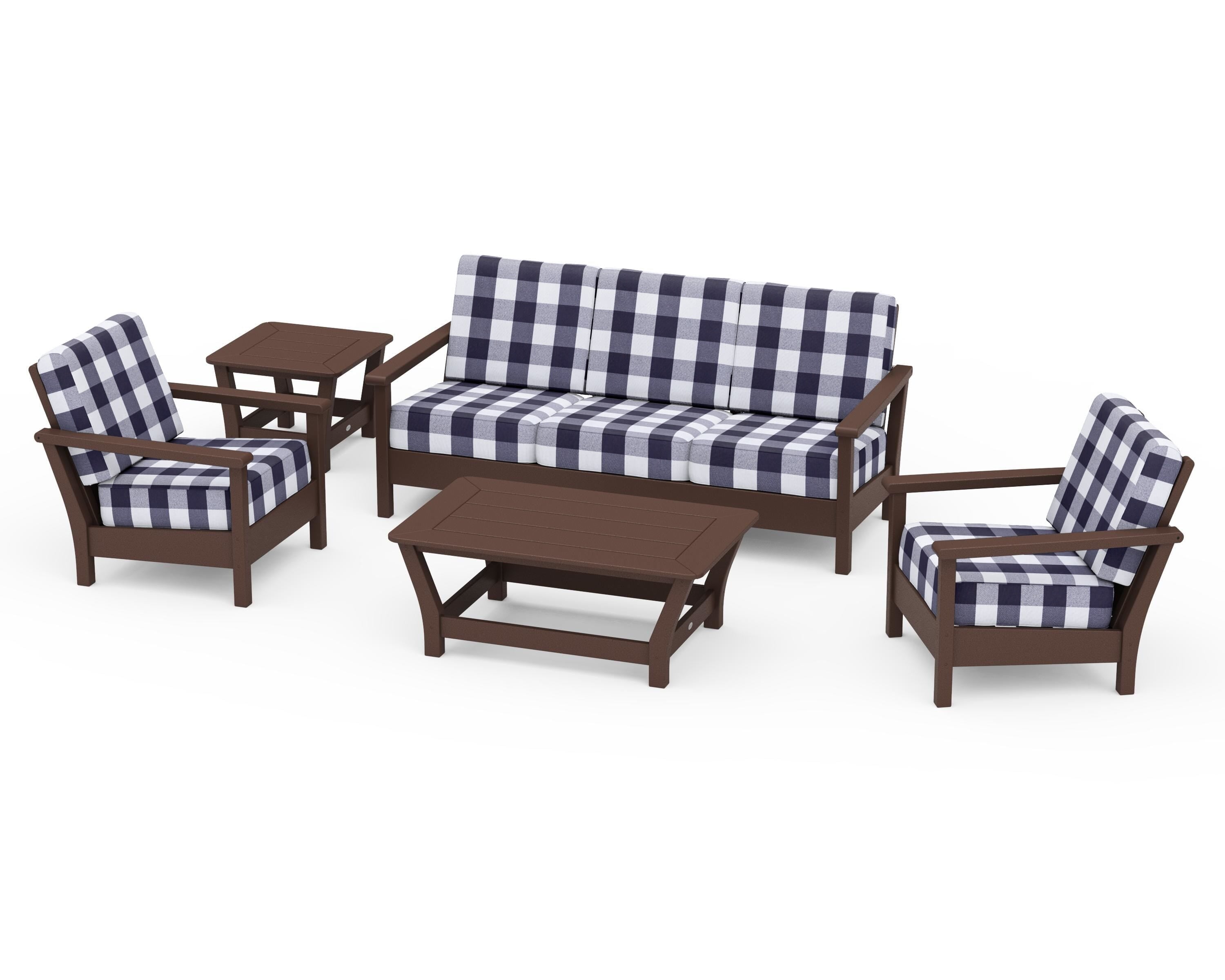 POLYWOOD® Harbour 5-Piece Deep Seating Set in Mahogany / Buffalo Plaid Navy