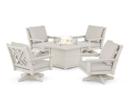 POLYWOOD® Chippendale 5-Piece Deep Seating Swivel Conversation Set with Fire Pit Table in Sand / Cast Ash