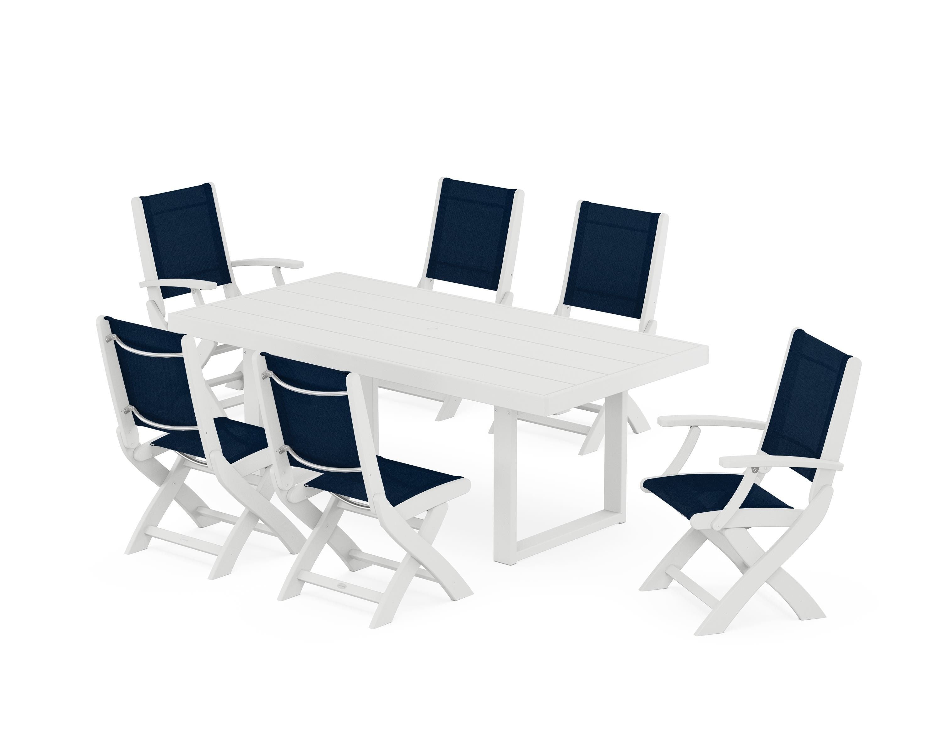 POLYWOOD® Coastal Folding Chair 7-Piece Dining Set with Trestle Legs in White / Navy Blue Sling