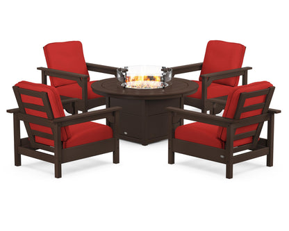 POLYWOOD® Club 5-Piece Conversation Set with Fire Pit Table in Mahogany / Crimson Linen