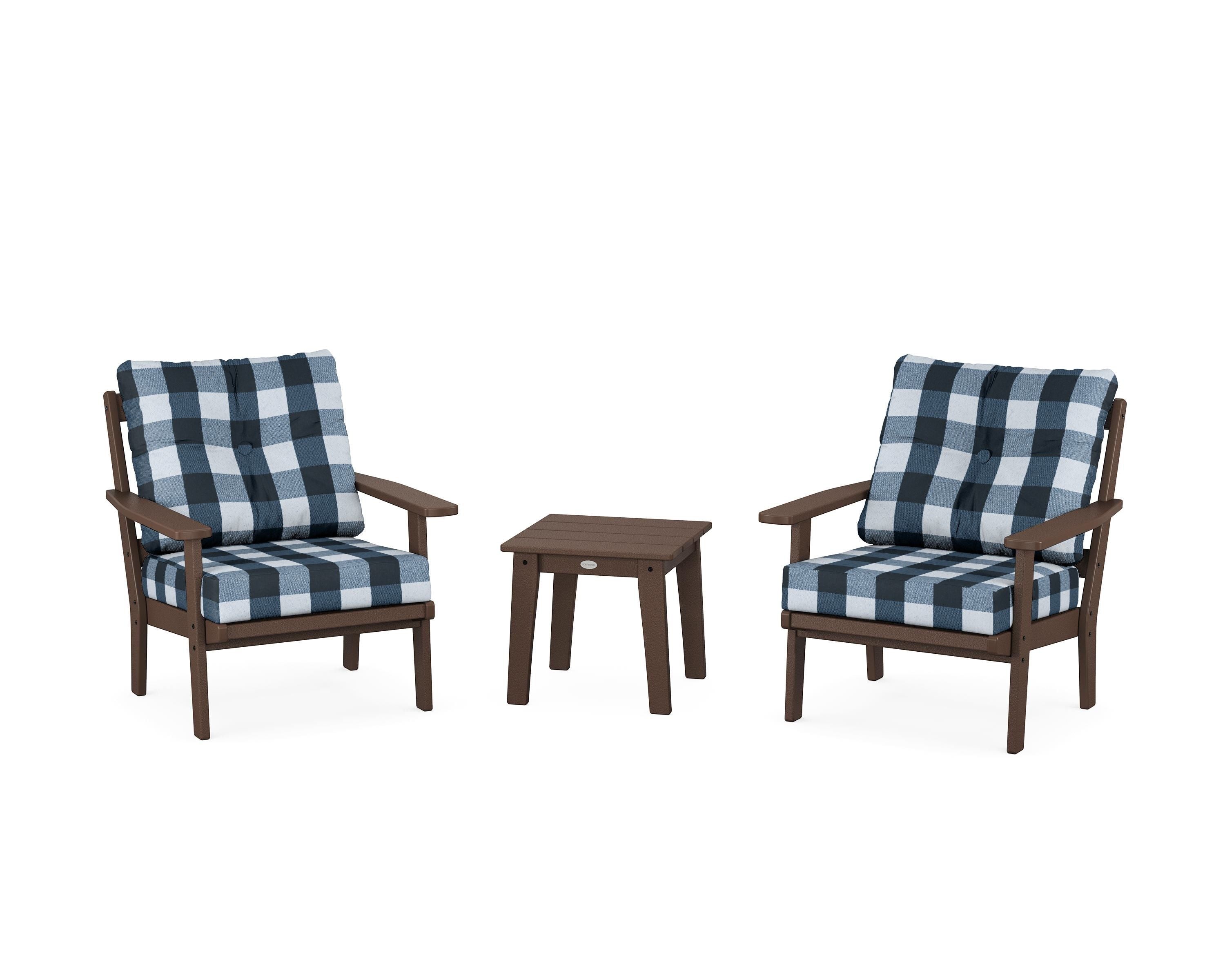 POLYWOOD® Oxford 3-Piece Deep Seating Set in Mahogany / Buffalo Plaid Marine Indigo