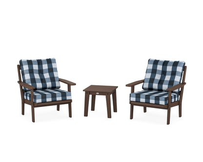 POLYWOOD® Oxford 3-Piece Deep Seating Set in Mahogany / Buffalo Plaid Marine Indigo