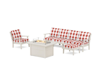 POLYWOOD® Braxton Sectional Lounge and Fire Pit Set in Sand / Buffalo Plaid Crimson