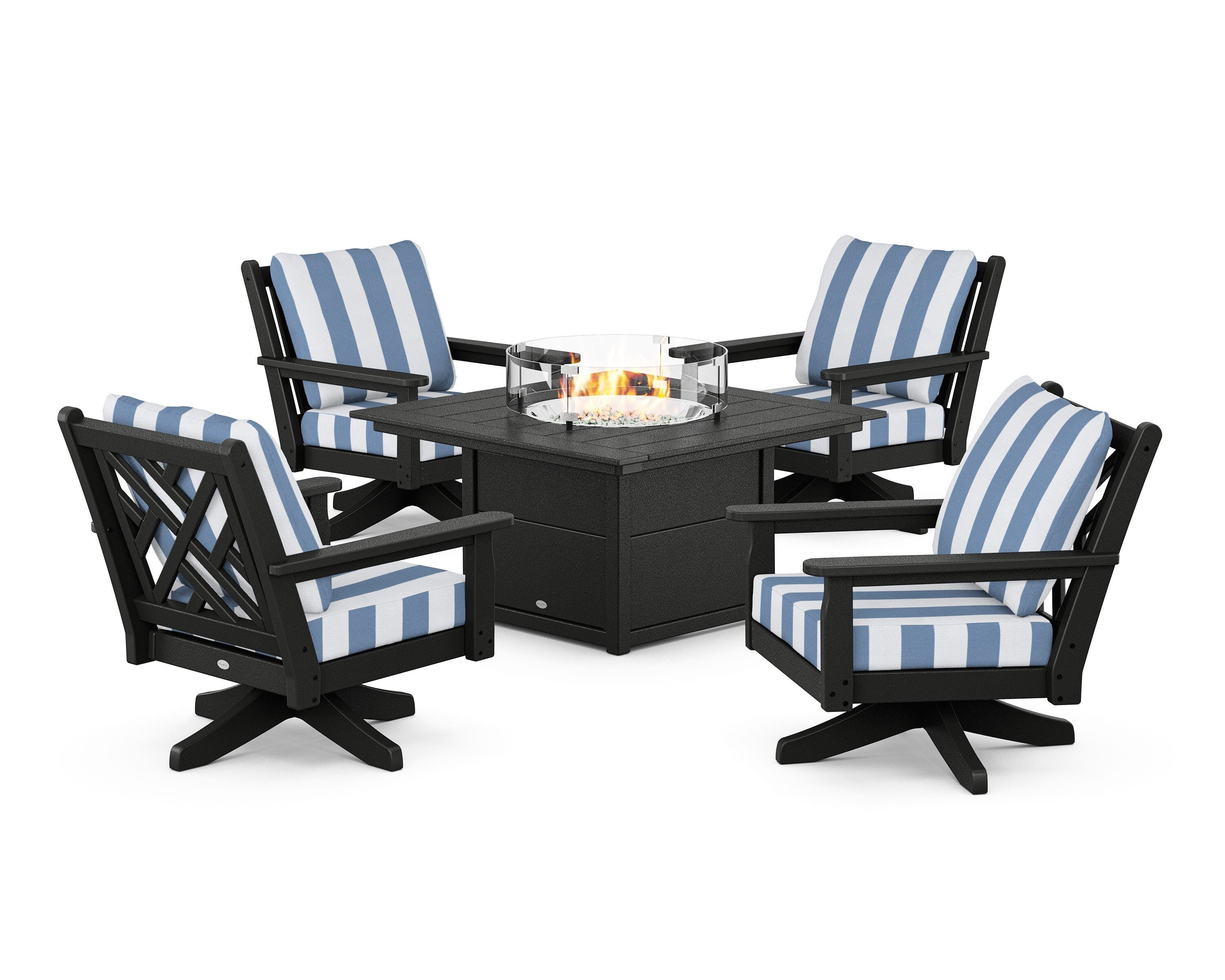 POLYWOOD® Chippendale 5-Piece Deep Seating Swivel Conversation Set with Fire Pit Table in Black / Cabana Stripe Sky Blue