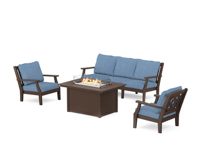 Martha Stewart by POLYWOOD® Chinoiserie Deep Seating Fire Pit Table Set in Mahogany / Sky Blue