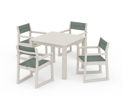 POLYWOOD® EDGE Sling Arm Chair 5-Piece Parsons Dining Set in Sand / Dupioni Sea Mist Sling