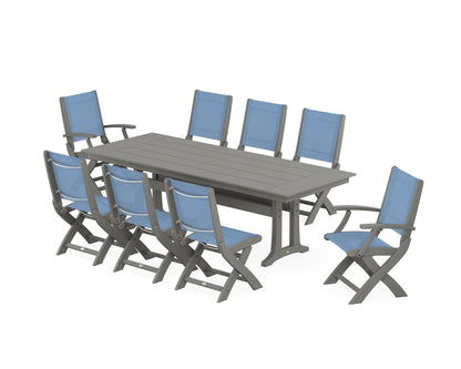 POLYWOOD® Coastal 9-Piece Folding Dining Chair Farmhouse Dining Set with Trestle Legs in Slate Grey / Poolside Sling