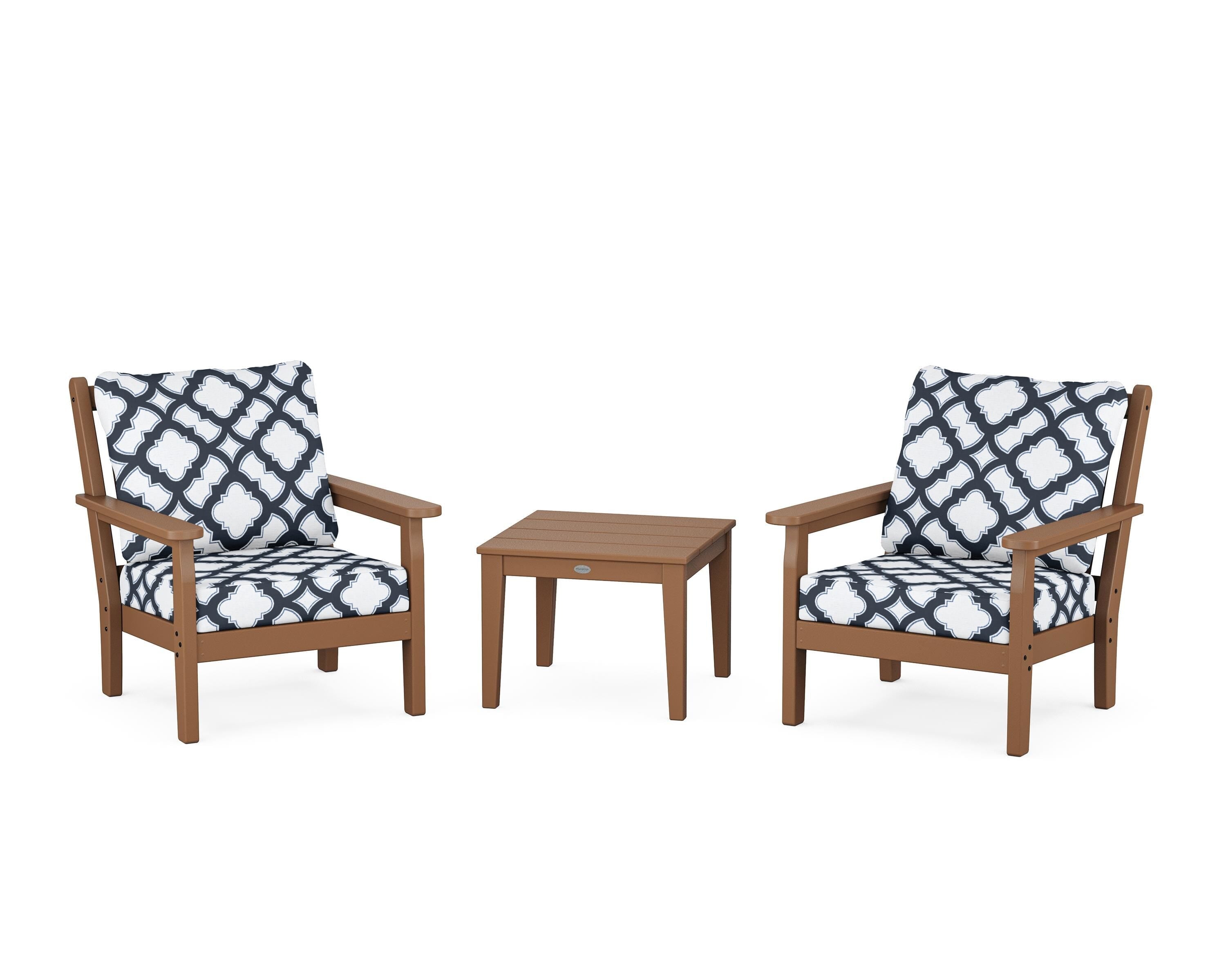 POLYWOOD® Chippendale 3-Piece Deep Seating Set in Teak / Trellis Marine Indigo