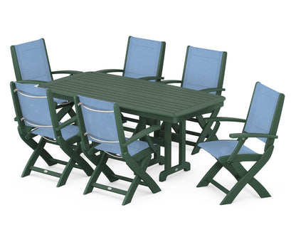 POLYWOOD® Coastal Folding Arm Chair 7-Piece Dining Set in Green / Poolside Sling