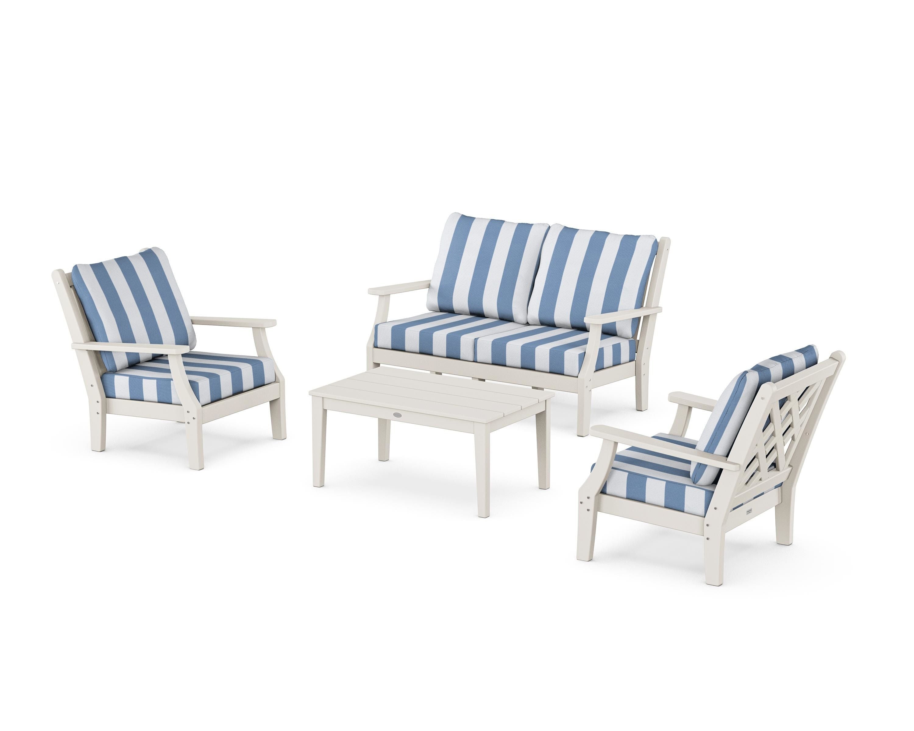 Country Living Wovendale 4-Piece Deep Seating Set with Loveseat in Sand / Cabana Stripe Sky Blue