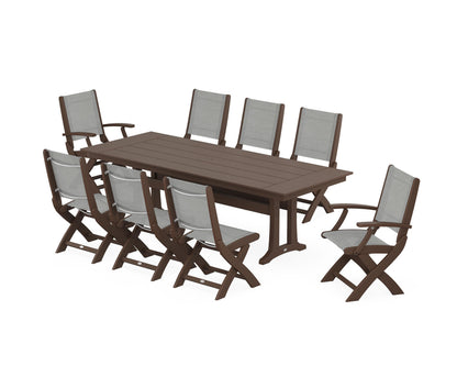 POLYWOOD® Coastal 9-Piece Folding Dining Chair Farmhouse Dining Set with Trestle Legs in Mahogany / Metallic Sling