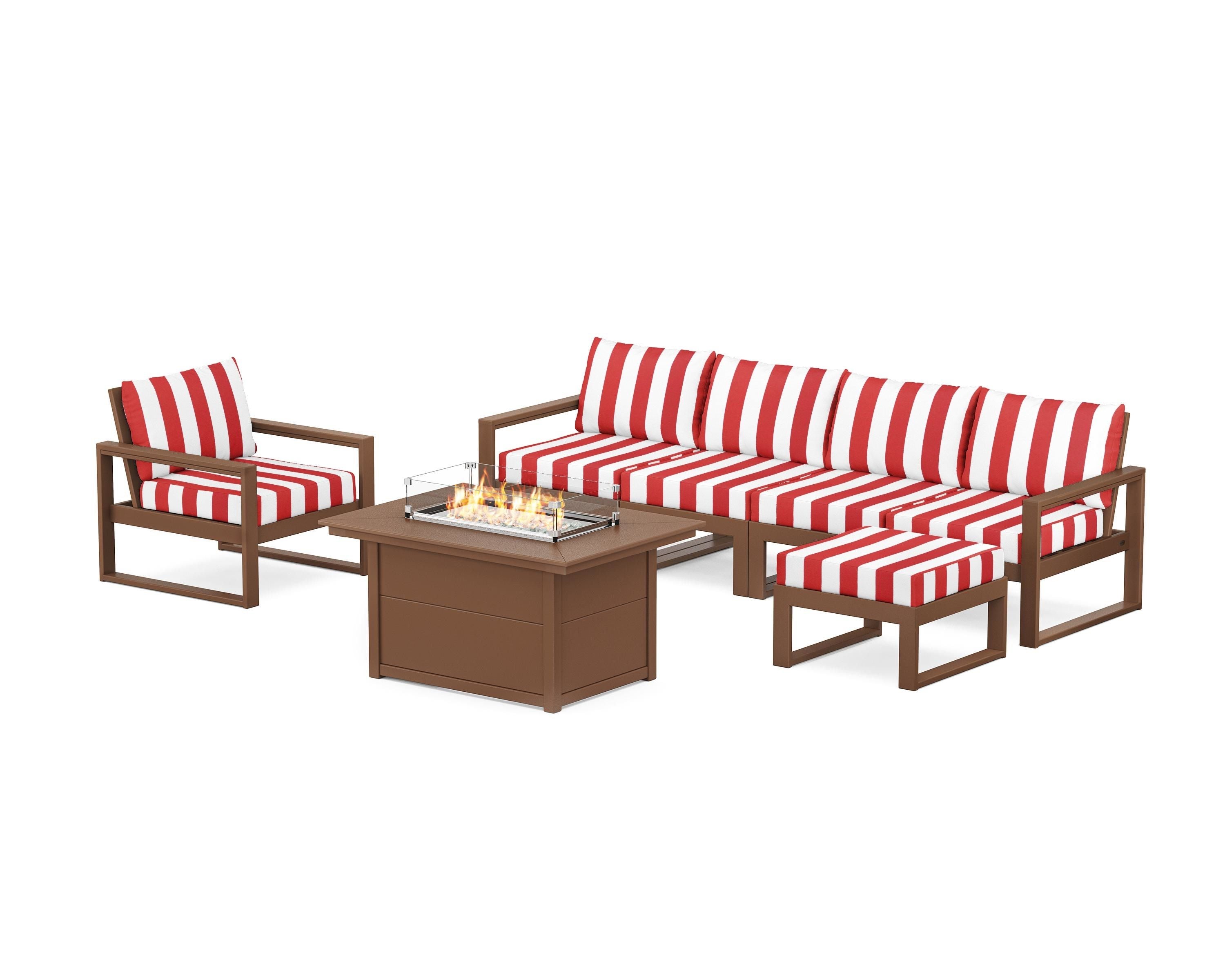 POLYWOOD® EDGE Sectional Lounge and Fire Pit Set in Teak / Cabana Stripe Crimson