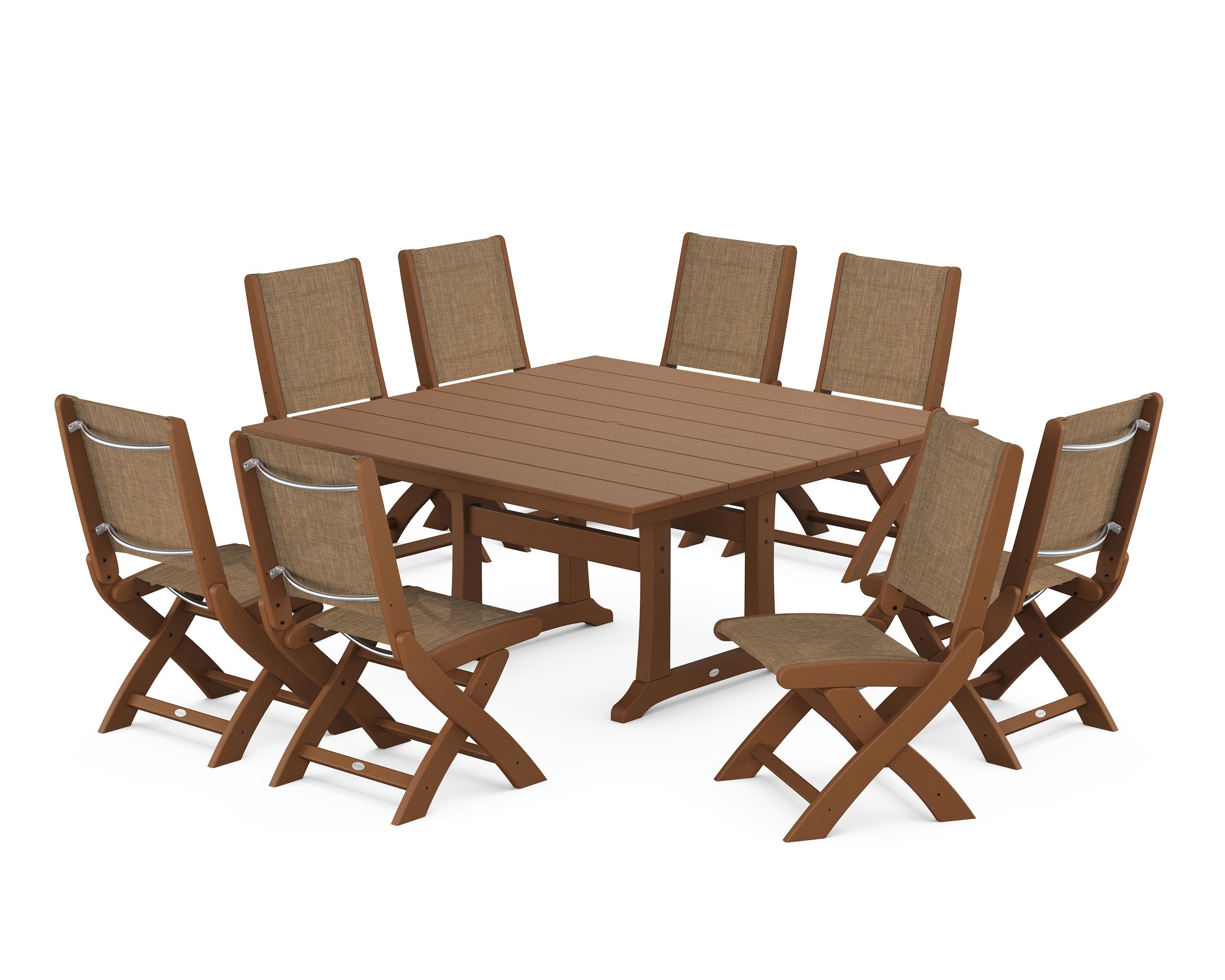POLYWOOD® Coastal Folding Side Chair 9-Piece Farmhouse Dining Set in Teak / Burlap Sling