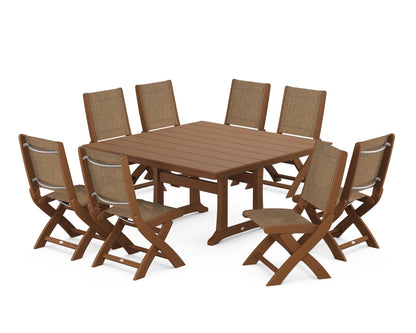 POLYWOOD® Coastal Folding Side Chair 9-Piece Farmhouse Dining Set in Teak / Burlap Sling