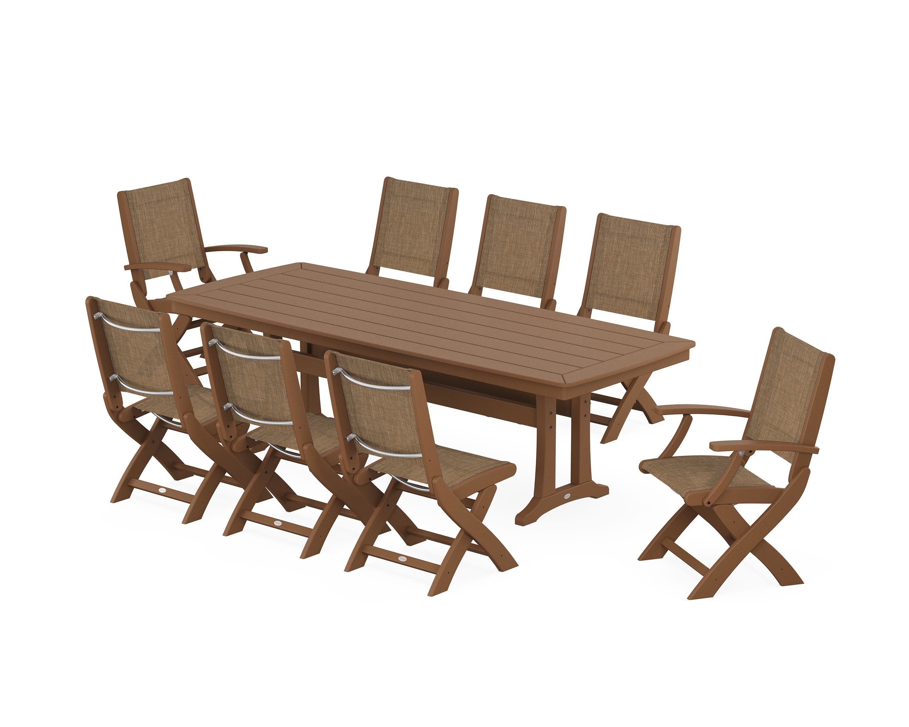 POLYWOOD® Coastal Folding 9-Piece Dining Set with Trestle Legs in Teak / Burlap Sling