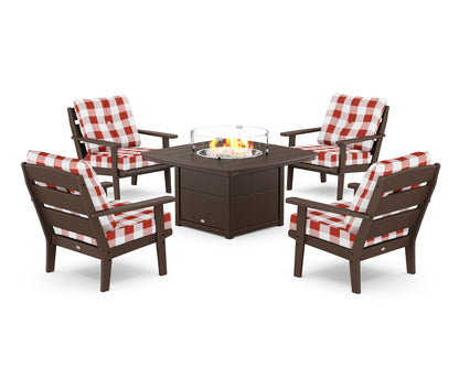 POLYWOOD® Lakeside 5-Piece Deep Seating Set with Nautical Fire Pit Table in Mahogany / Buffalo Plaid Crimson