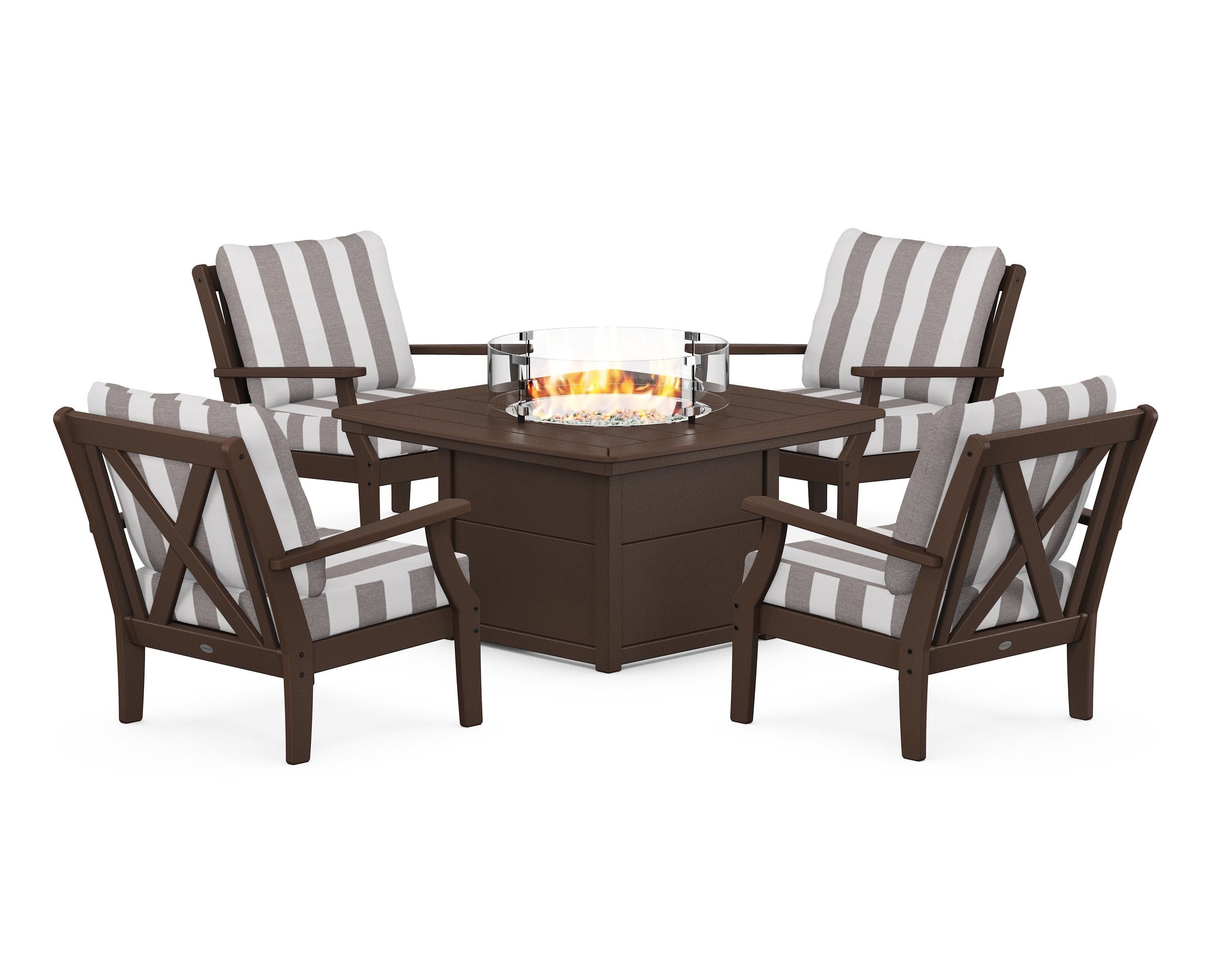 POLYWOOD® Braxton 5-Piece Deep Seating Conversation Set with Fire Pit Table in Mahogany / Cabana Stripe Grey Mist