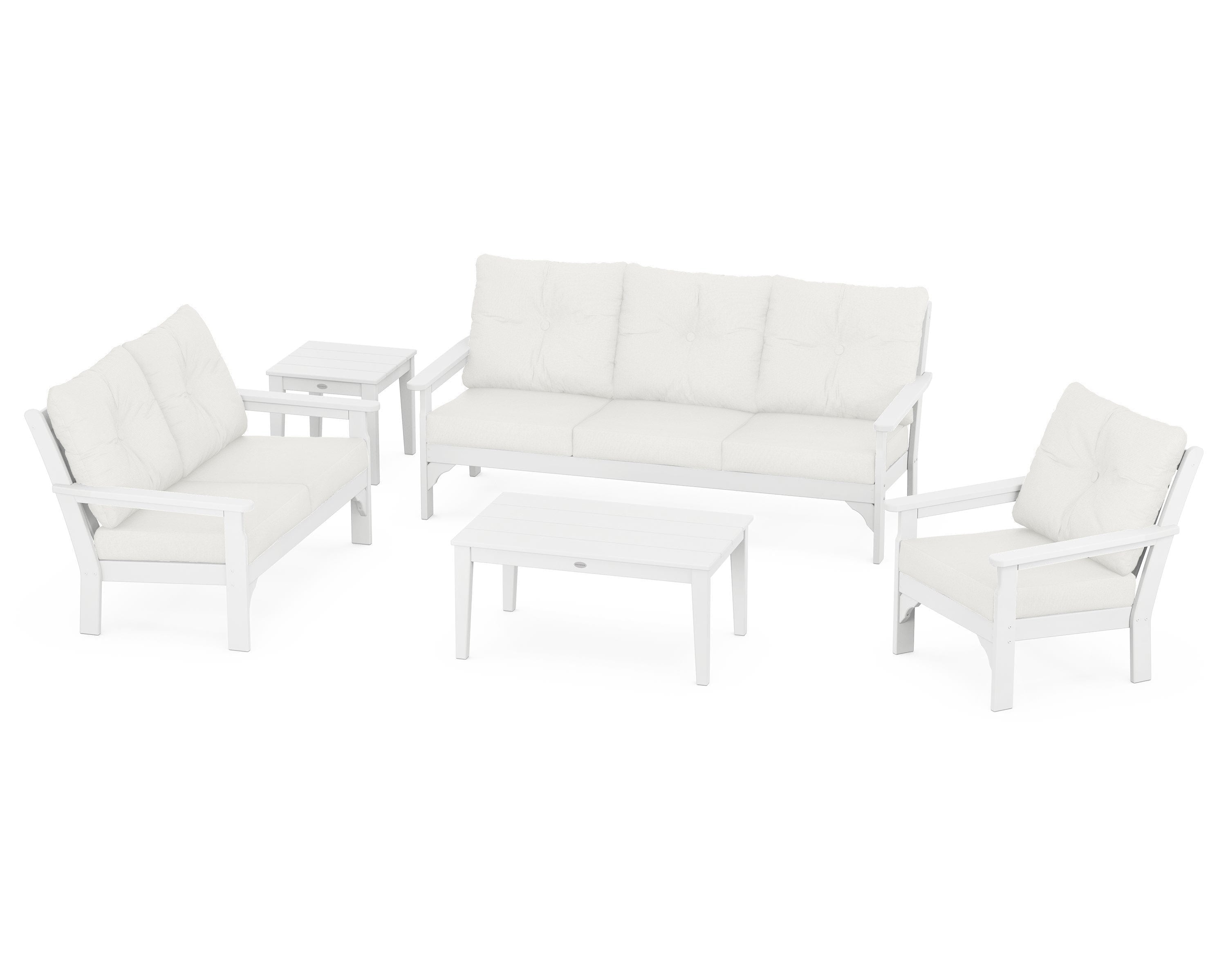 POLYWOOD® Vineyard 5 Piece Deep Seating Set in White / Natural Linen